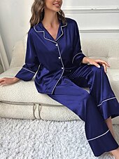 voordelige Nachtkleding voor dames-dames pyjama sets pure kleur mode comfort thuis dagelijks bed imitatie zijde zijde ademend revers lange mouw shirt broek knoop zak herfst thuis outfits