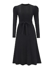 preiswerte Strickkleider-Damen Pullover Kleid Modisch elegante kleider Feste Farbe Gerippt Rundhalsausschnitt Strick Langarm Normale Oberteile Stricken Arbeit Täglich Schwarz Grün Herbst Winter
