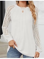 cheap Lace Tops-Women&#039;s White Elegant Lace Tops Eyelet Blouse Fashion Casual Lace Mesh Long Sleeve Regular Tops Crew Neck Daily Romantic Petite Tops Summer Holiday Wear Black White Pink Blue Summer Spring Fall