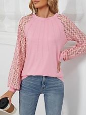 cheap Lace Tops-Women&#039;s White Elegant Lace Tops Eyelet Blouse Fashion Casual Lace Mesh Long Sleeve Regular Tops Crew Neck Daily Romantic Petite Tops Summer Holiday Wear Black White Pink Blue Summer Spring Fall