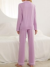 preiswerte Damen Schlafanzüge-Damen-Pyjama-Sets in reiner Farbe, modisch, Basic-Komfort für zu Hause, tägliches Bett, atmungsaktives Revers, langärmeliges Hemd, Hose, Knopftasche, Herbst-Winter-Home-Outfits