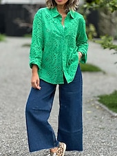 voordelige Kant Tops-dames blouse stijlvol effen kleur uitgehold lange mouw normale tops overhemdkraag dagelijks wit rood paars groen lente herfst