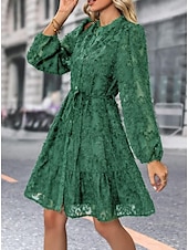 economico vestito nero midi-Per donna Abito semplice Vestito longuette Pizzo Pulsante Vintage Informale Colletto Manica lunga Nero Bianco Verde Colore
