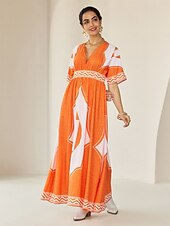 economico abito casual stampato-abito lungo da vacanza in stile bohémien con stampa geometrica e scollo a V