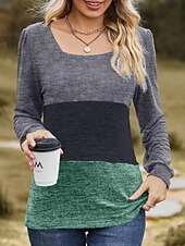 abordables T-shirt rayé et géométrique-t-shirt femme mode moderne décontracté imprimé manches longues régulier hauts col carré quotidien week-end vert gris automne hiver