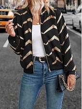 cheap Blazers &amp; Suits-Women&#039;s Jacket Dailywear Zipper Geometric Windproof Vintage Regular Fit Outerwear Long Sleeve Spring Black S