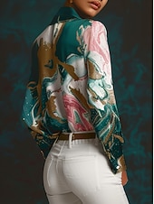  Camicia da Donna Manica Lunga Blusa Botton Down Elegante Stylish Business Stampa Top Regolari Collo Lavoro Verde Estate Autunno Inverno