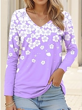 ieftine tricou floral-Tricou tunică pentru femei modă casual imprimeu mânecă lungă topuri obișnuite guler în V zilnic roz albastru violet portocaliu primăvară toamnă