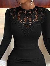 abordables mini robe noire-robe noire Robe unie Robe de cocktail noire Femme Mini robe Dentelle Patchwork Plein Air Rendez-vous Rétro Vintage Décontractées Col Ras du Cou manche longue Standard Noir Rouge S M L XL 2XL