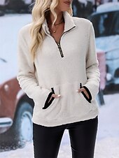 billiga Fuzzy Sweatshirts-Dam Ledigt Långärmad Hög hals Vanliga toppar Gata Vardag Dragkedja Ficka Vit Vin Blå Purpur Höst Vinter