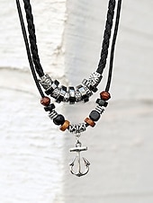 economico Gioielli da uomo-collana con ciondolo a forma di ancora multistrato da uomo - corda satinata, calcoli biliari neri, perline di legno e lega, lunghezza regolabile, stile nautico per abbigliamento casual e da spiaggia