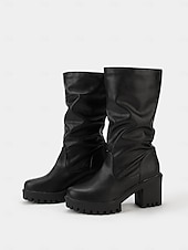 levne Slouch Boots-dámské černé kozačky s mohutným podpatkem a podrážkou – retro kozačky do půlky lýtek z umělé kůže na podzim a zimu