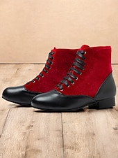 tanie Buty vintage-damskie wiktoriańskie botki sznurowane w kolorze czerwonym i czarnym z kontrastowym zamszem i skórą - buty na płaskim obcasie inspirowane stylem vintage na cosplay i formalne imprezy