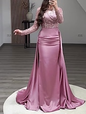 cheap CHAMPAGNE-Mermaid Sequin Evening Gown Ruched Champagne Satin Dress Long Sleeves Masquerade Floor Length Illusion Neck with Pearls Overskirt dress 2025