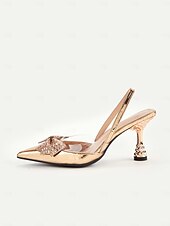 economico Formale-scarpe col tacco da donna con cinturino posteriore trapuntato in oro e dettaglio fiocco - lussuoso design a punta per un elegante abbigliamento da sera