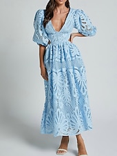 abordables Robes en dentelle blanche-Femmes Mini Robe Robe Blanche Robe trapèze Robe bohème Élégant Manches bouffantes robe demoiselle d honneur Date Coupe régulière Couleur Unie Uni Demi Manches Col en V Noir Blanche Jaune Bleu Été