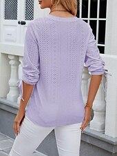 billige Blonder topper-Kvinne Hvit Elegant Blonde Topper Øyelet Bluse Stilig Moderne Ensfarget Knapper Øyelet 3/4 Lengde Ermer V-Utforming Daglig Romantisk Petit Topper Sommerferie Antrekk Hvit Rosa Lilla Grønn Sommer Vår