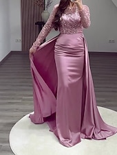 cheap CHAMPAGNE-Mermaid Sequin Evening Gown Ruched Champagne Satin Dress Long Sleeves Masquerade Floor Length Illusion Neck with Pearls Overskirt dress 2025
