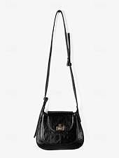 abordables Bolsos de mano y tote-Bolso de mano clásico de piel negra para mujer: elegante cierre de solapa con herrajes en tono dorado, perfecto para uso profesional y de noche.