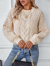 economico Pullover e top-Per donna Felpa Moda Tinta unica Grosso Girocollo Intrecciato Manica lunga Maglie lunghe Maglia Ufficio Bianco Beige Autunno Inverno