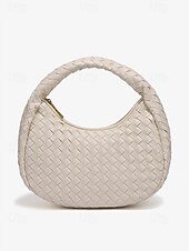 cheap Handbag &amp; Totes-Elegant Women&#039;s Ivory Woven Leather Hobo Bag – Chic Round Handle Purse Perfect for Day to Night Outfits