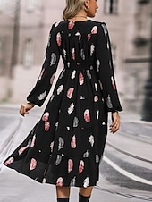 cheap Casual Dress-Women&#039;s Feather Print V Neck Midi Dress 3/4 Length Sleeve Spring Fall