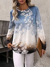 economico T-shirt floreale-maglietta da donna casual stampa manica lunga maglie lunghe girocollo quotidiano blu autunno inverno
