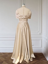 preiswerte Sekt-A-Linie Abendkleid Elegantes Kleid Formal Bodentiefe Kurzarm Illusion Ausschnitt Satin mit Raffung Perlen