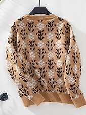 billige Grafiske mønstre og detaljer-Dame Genser Fritid Blomstret Grafisk Crew-hals Crewneck Langermet Lange topper Strikke Arbeid Kakifarget Høst Vinter