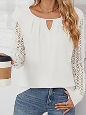 olcso pólók-női blúz műselyem elegáns stílusos modern egyszínű hálós hát nélküli patchwork hosszú ujjú nyakkivágással napi fekete fehér rózsaszín kék tavasz ősz tél