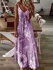 billiga Blommiga klänningar-Kvinnors Maxi Klänning Sommarklänning A-linje Klänning Blomklänning Mode Modern Avslappnad Semester Avslappnat Daglig Regulär Passform Blomma Ärmfritt V-ringad Rosa Blå Lila Fuchsia Sommar Vår
