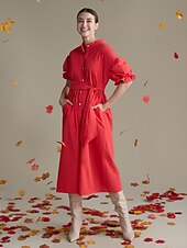 abordables robe décontractée-robe longue ceinturée en coton uni à col Henley