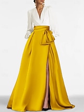 economico viola-Abito da sera A-Line elegante abito formale strascico lungo maniche lunghe scollo a V satin con plissettature e strappo per ospiti di matrimoni