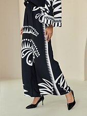 economico pantaloni da donna-pantaloni neri con stampa a gamba larga in raso