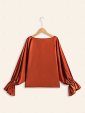 preiswerte Hemden, Tops und Blusen-Satinbraune Juliet-Bluse mit Puffärmeln und Rundhalsausschnitt
