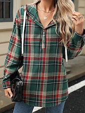 abordables Sweats à capuche-Sweat à capuche pour femme, décontracté, texturé, géométrique, à carreaux, coupe ample, manches longues, vert foncé, printemps, automne, hiver