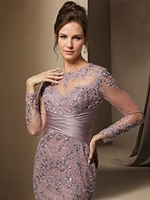 economico BLU-Abito da festa sirena Madre della Sposa Abito Ospite di matrimonio Elegante Collo gioiello Treno a strascico  spazzola Stretch raso Manica lunga con pizzo paillettes arricciato per impressionare 2025