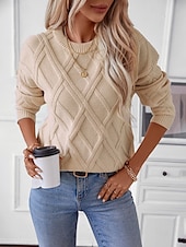 abordables Couleurs unies-Femme Pull Chandail Décontractées Couleur unie Géométrique Col Ras du Cou Tricoté manche longue Hauts longs Tricoter Travail Noir Beige Automne Hiver