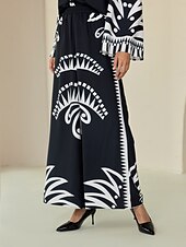 economico pantaloni da donna-pantaloni neri con stampa a gamba larga in raso
