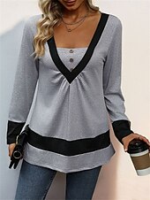 voordelige Dames eenvoudige tops-Dames Overhemd Blouse Effen Kleur Basic Casual Lange mouw V-hals Normale tops Dagelijks Lapwerk Knop Grijs Herfst Winter