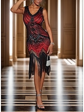 baratos Vestidos de lantejoulas-Mulheres Vestido midi Vestido de lantejoulas Vestido antigo Vestido elegante Elegante Retro Boho Diário Festa de Noite Feriado Normal Geométrica Sem Manga Decote V Vermelho Verão Primavera