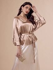 baratos Blusas e Camisas-blusa elegante decote em v com cinto dourado de cetim