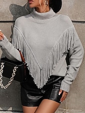 Women's Sweater Pullover Sweater Jumper Casual Sweater Casual Soft Solid Color Ribbed V Neck Tassel Knitted Long Sleeve Regular Tops Knit Outdoor Daily Weekend Blue Khaki Fall Winter 13