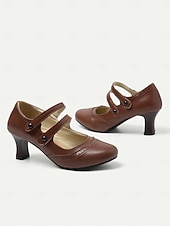 billige 1950-talls retro-Kvinne Vintage Gatsby Brune Mary Jane Hæler med Brogue Detaljer Komfortable Mid Hæl Sko Retro-Inspirerte Antrekk