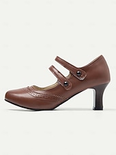 billige 1950-talls retro-Kvinne Vintage Gatsby Brune Mary Jane Hæler med Brogue Detaljer Komfortable Mid Hæl Sko Retro-Inspirerte Antrekk