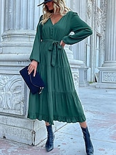 abordables Robes de travail-Robe unie Femme Robe Maxi Lacet Ruché Plein Air Rendez-vous Décontractées Col V manche longue Ample Bleu Orange Vert S M L XL