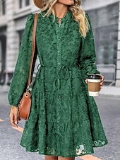 economico vestito nero midi-Per donna Abito semplice Vestito longuette Pizzo Pulsante Vintage Informale Colletto Manica lunga Nero Bianco Verde Colore