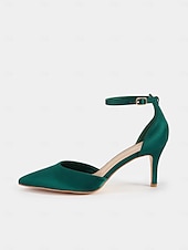cheap Semi-Formal-Women&#039;s Emerald Green Satin Ankle Strap Heels - Elegant Pointed-Toe Stiletto for Parties, Weddings, and Special Occasions
