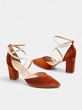 preiswerte Halbformell-schicke zweifarbige Damen-Pumps mit Fesselriemchen - elegantes Wildleder-Finish in gebranntem Orange und Creme, perfekt fürs Büro und Abend-Outfit