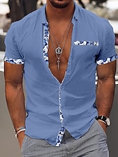 cheap Vacation-Men&#039;s Shirt Linen Shirt Summer Shirt Beach Wear Casual Shirt Button Up Shirt Color Block Vacation Curise Black White Pink Navy Blue Short Sleeve Lapel Summer Clothing Apparel Patchwork